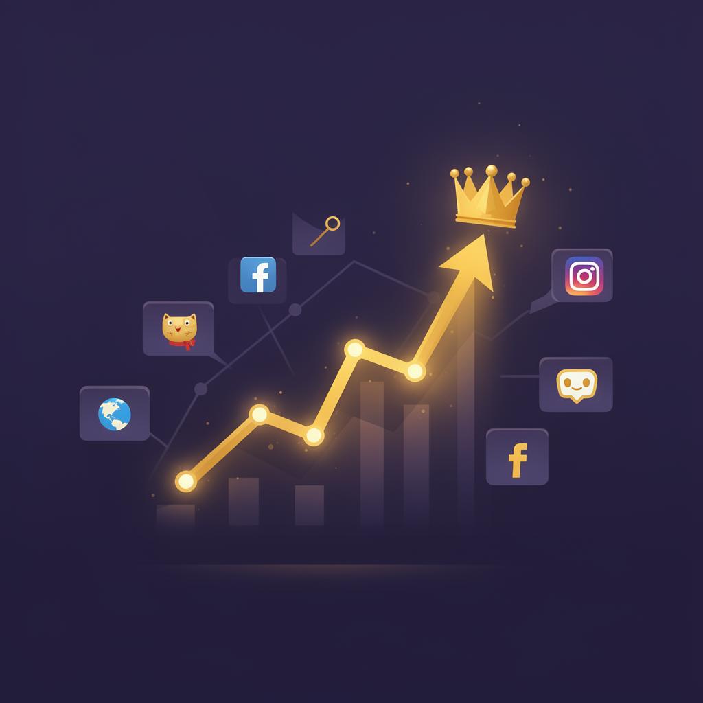 Gold growth chart with crown dominating social platforms