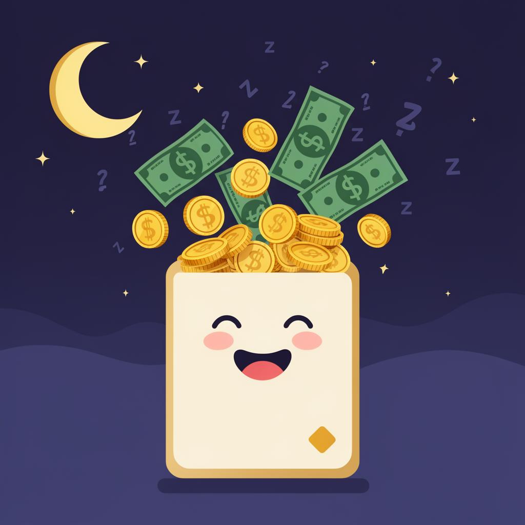 Smiling meme card raining money under a crescent moon