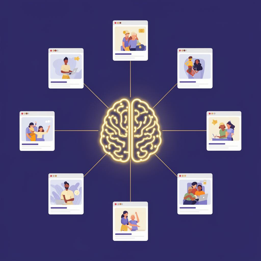 Central AI brain connected to multiple social feeds