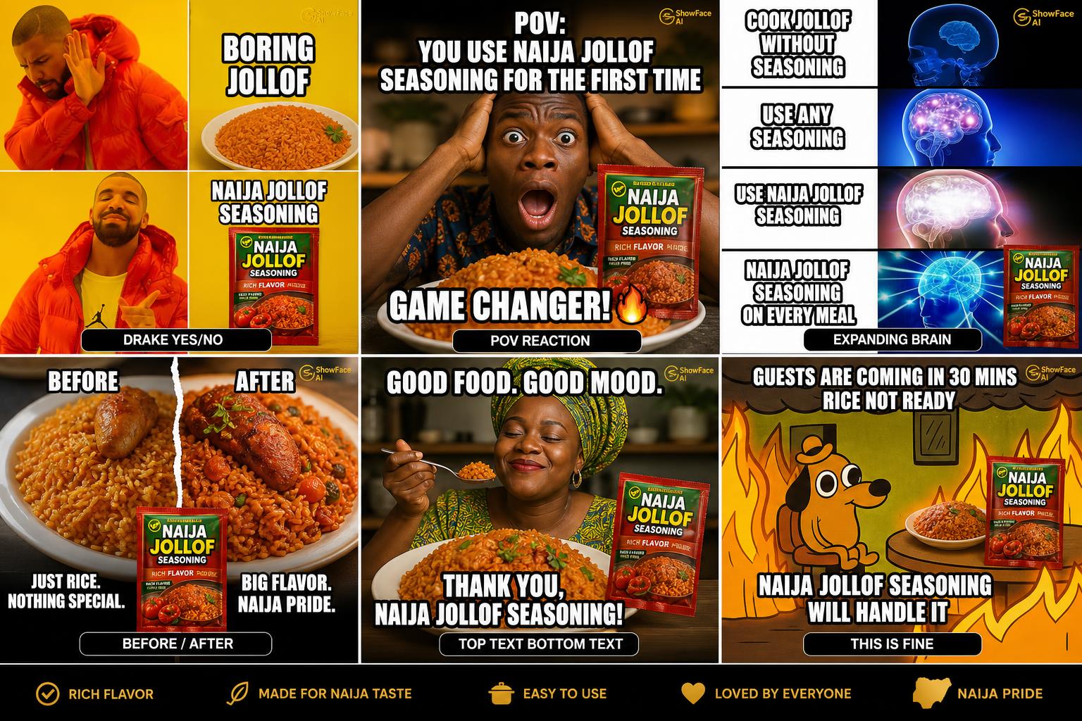 Six sample AI-generated Naija meme ads in Drake, POV, Expanding Brain, Before/After, Top/Bottom and This-is-fine formats