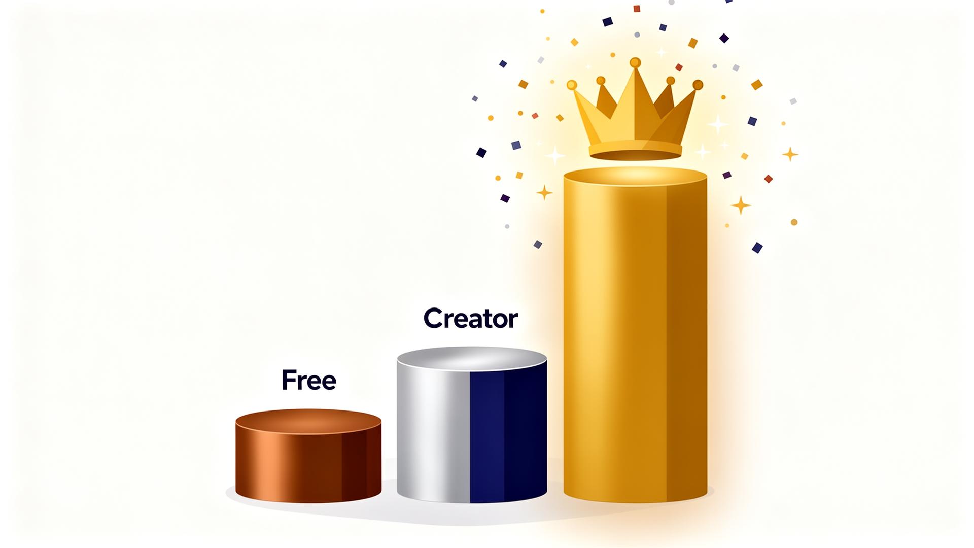 Three ascending pricing podiums — Free, Creator and Dominator with crown — visualising the upgrade ladder