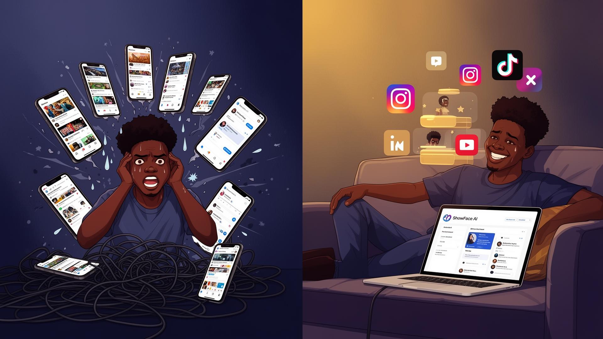 Stressed creator juggling six phones on the left versus relaxed creator on couch with ShowFace AI dashboard auto-posting to social platforms on the right