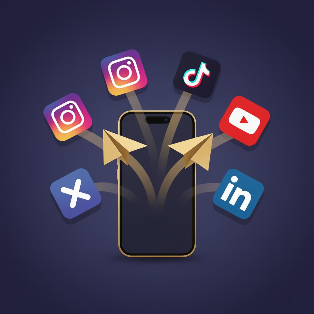 Phone sending posts out to Instagram, TikTok, YouTube, X and LinkedIn